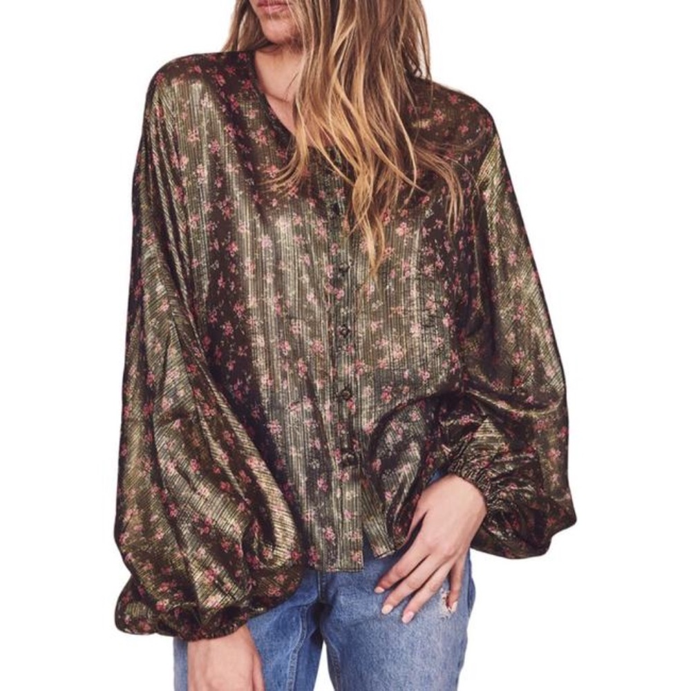 LoveShackFancy ‘Adeline’ Floral Silk Print Sheer Blouse